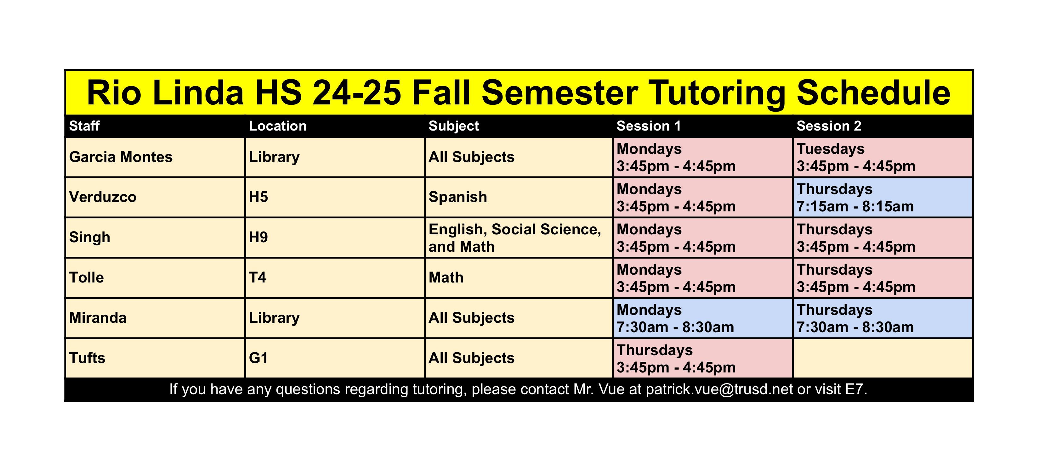 After school tutoring schedule 