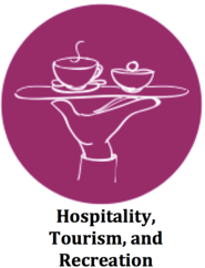 A hand holding a tray with coffee and sugar with the words Hospitality, Tourism, and Recreation underneath