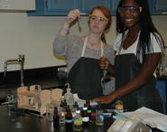Two girls participating in an analytic lab in chemistry